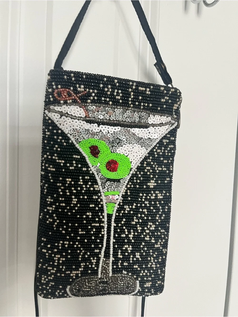 Beaded Wristlet with Olive Martini Cocktail, Black, Silver, Lime and Red